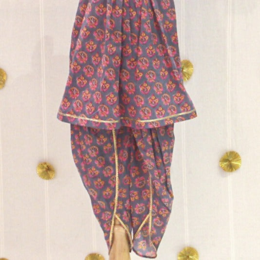 Grey Pink Motif Dhoti Set