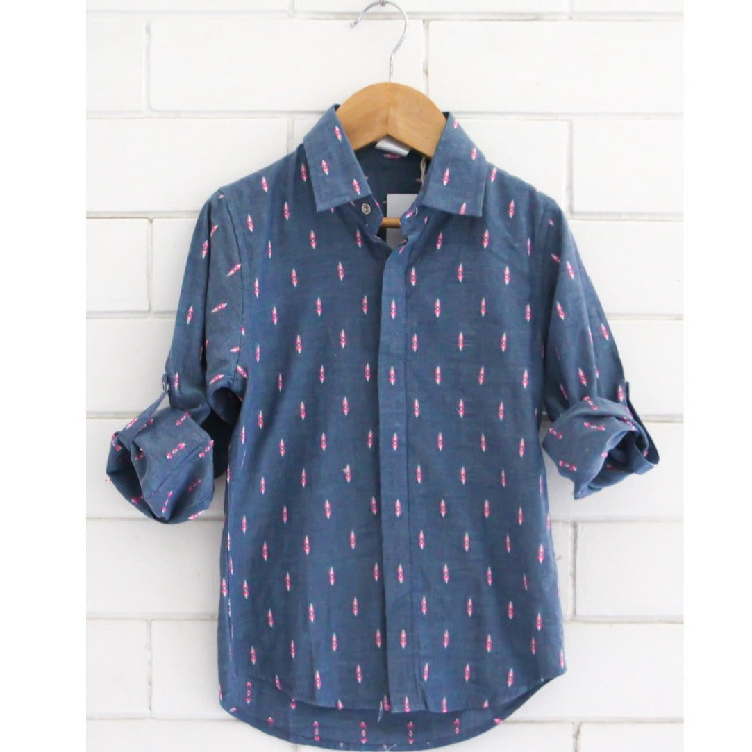 Blue Shirt with Pink Motifs