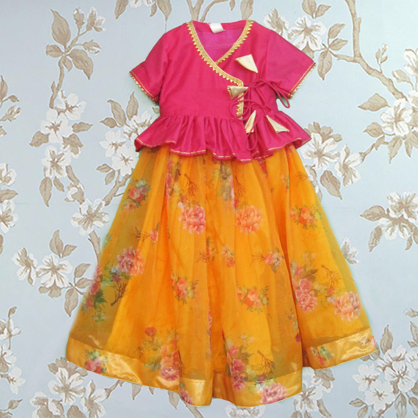 Yellow Floral Organza Lehenga