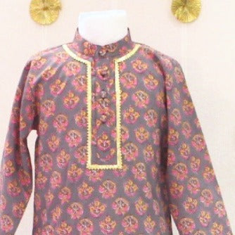 Grey Pink Motif Kurta Set