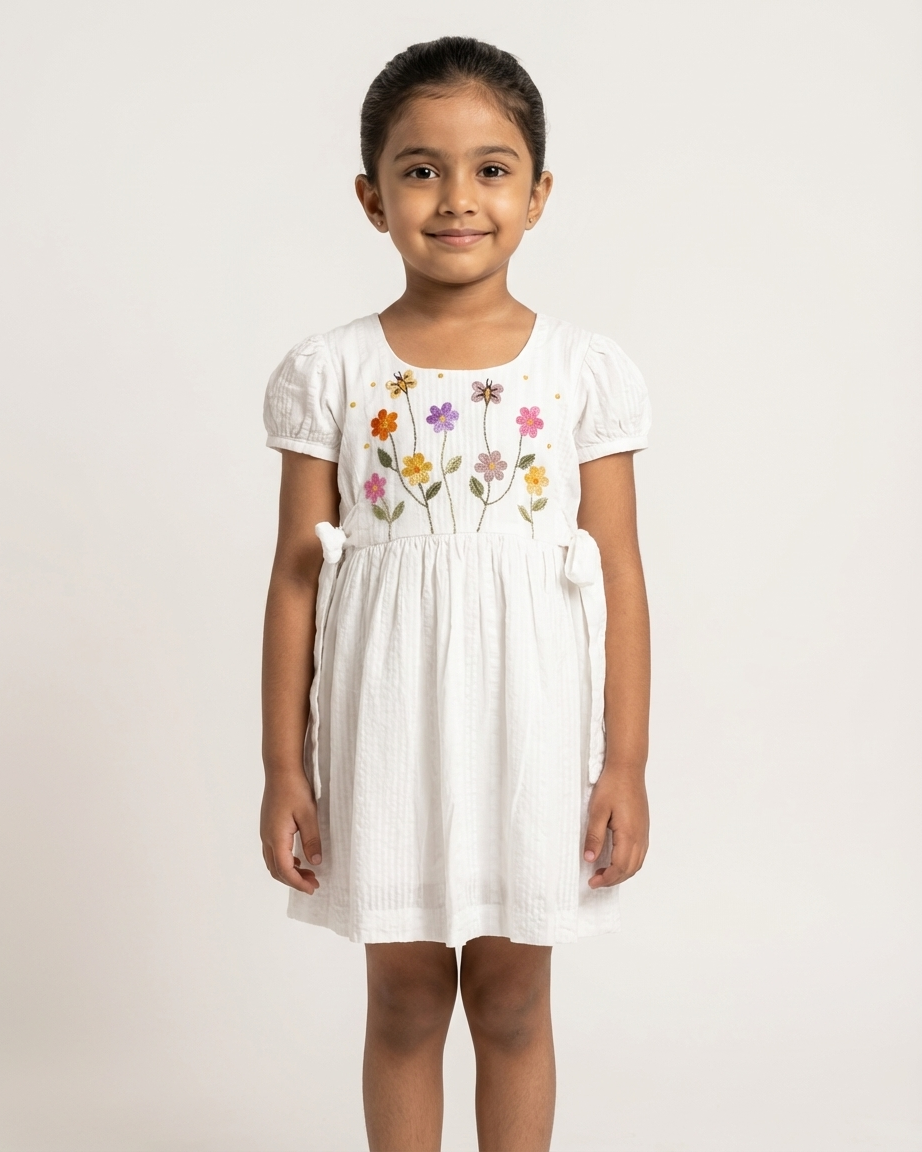 White Embroidered Seersucker Dress