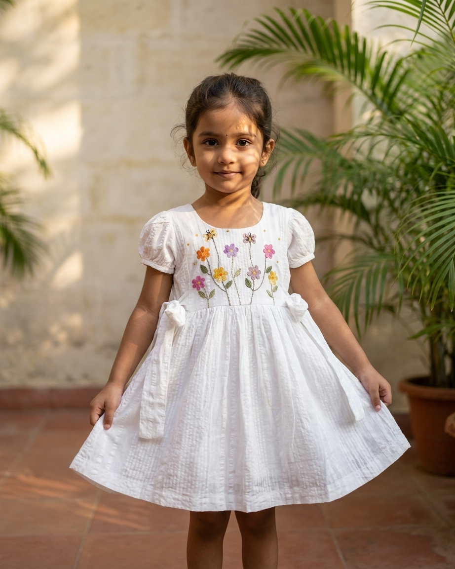 White Embroidered Seersucker Dress