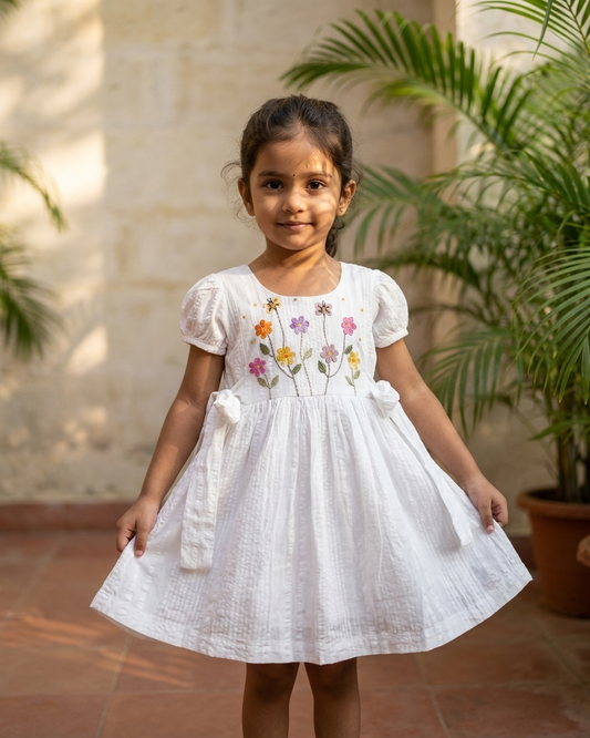 White Embroidered Seersucker Dress