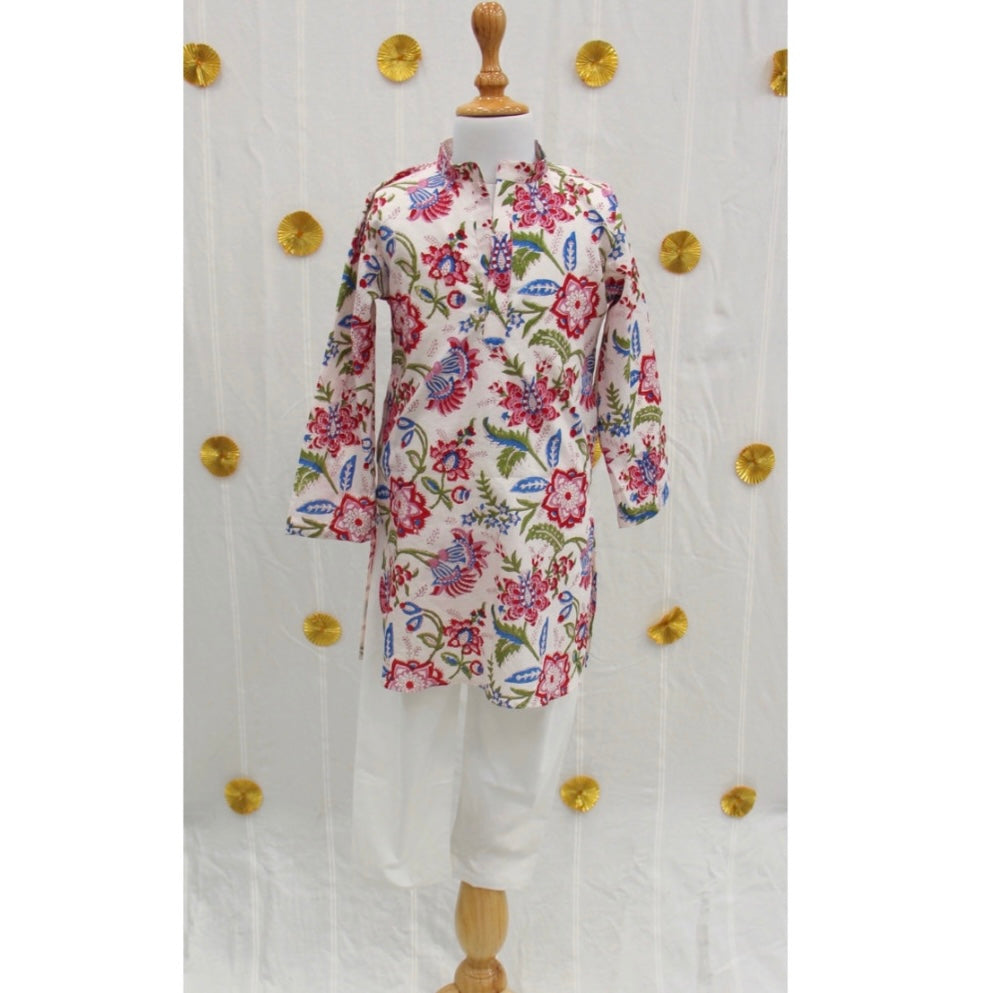 White Floral Block Print Kurta