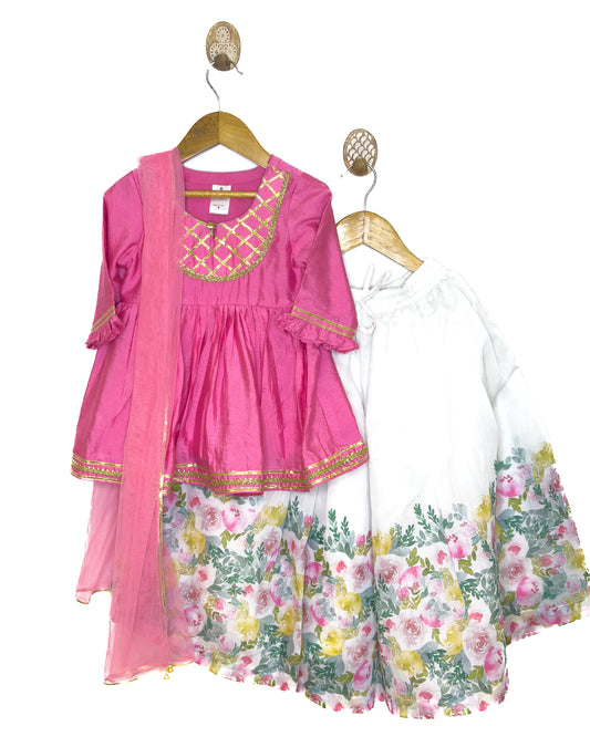 White and Pink Floral Chanderi Gharara Set