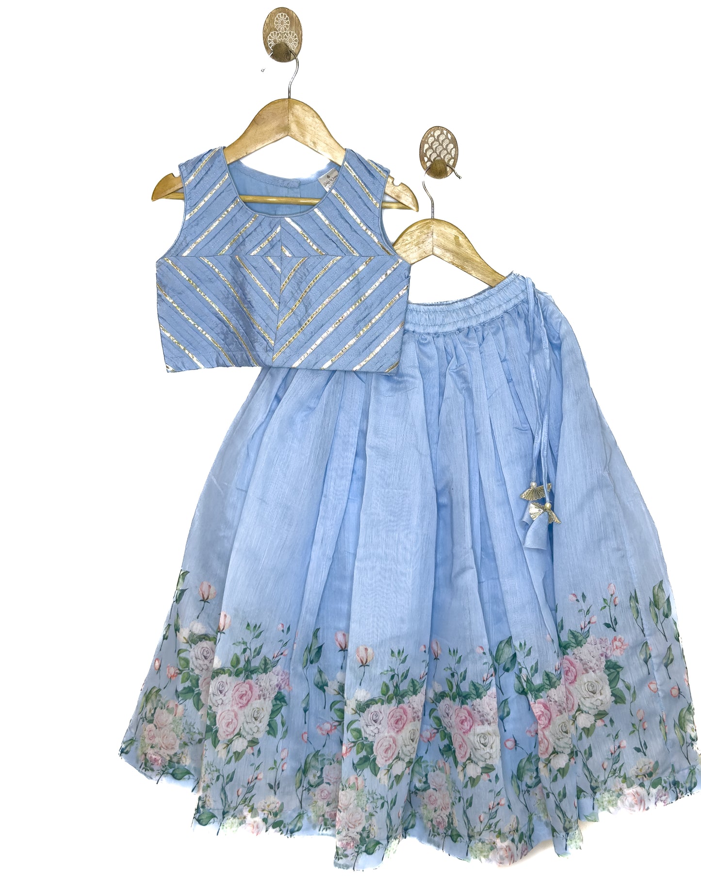 Blue Chanderi Floral Print Lehenga Set
