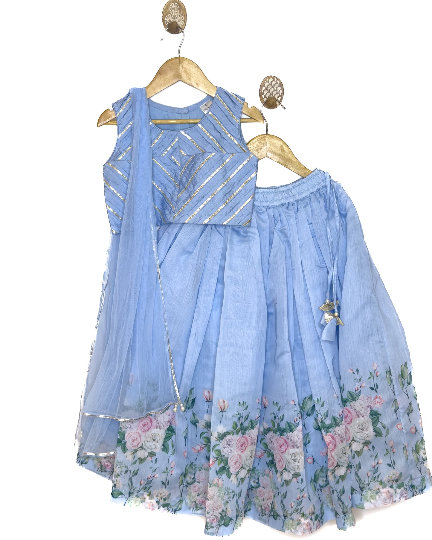 Blue Chanderi Floral Print Lehenga Set