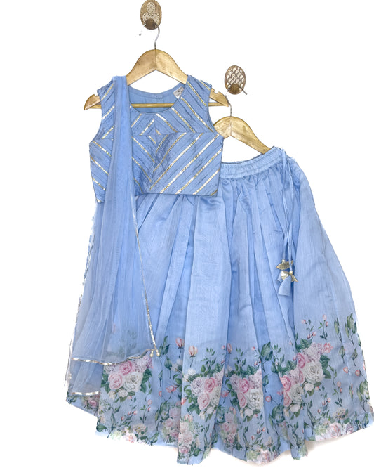 Blue Chanderi Floral Print Lehenga Set