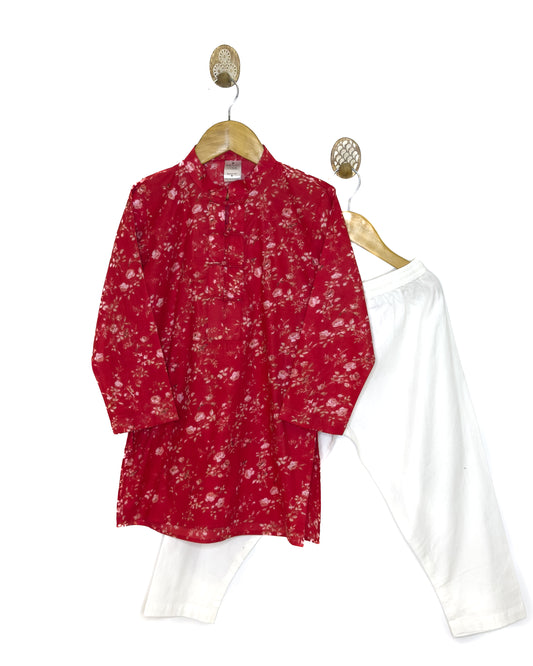 Red White Floral Kurta Set