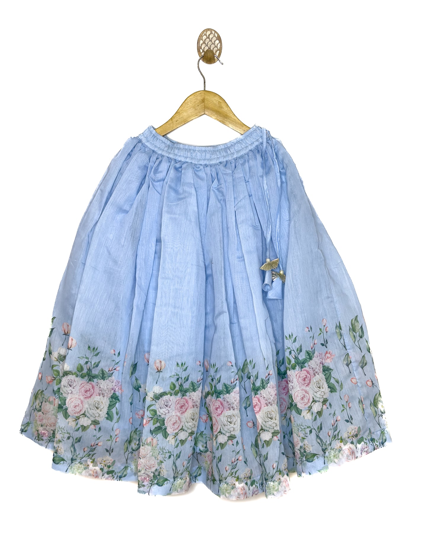 Blue Chanderi Floral Print Lehenga Set