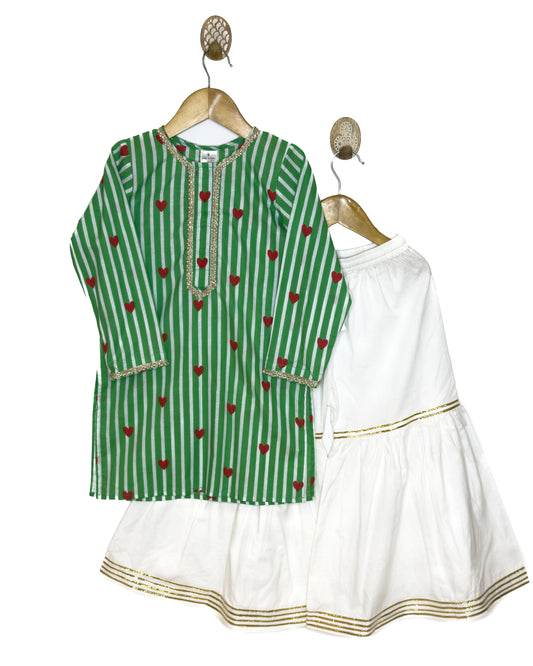 Green Stripe Heart White Gharara Set