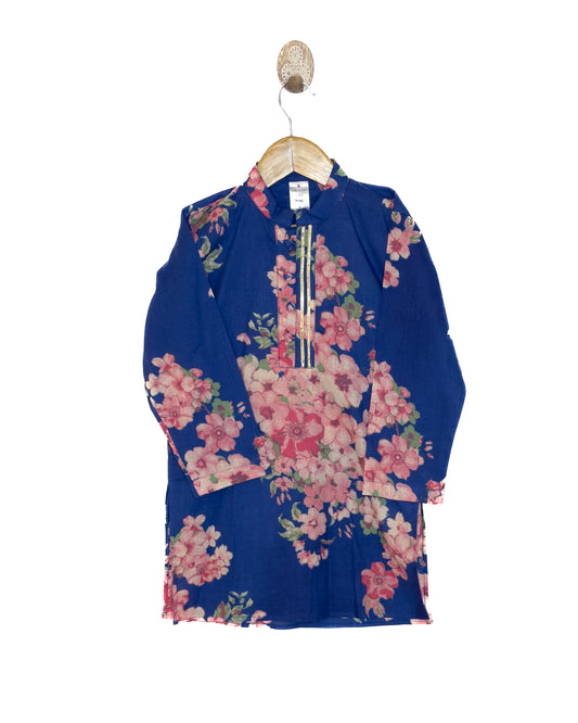 Navy Blue Floral Cotton Kurta Set