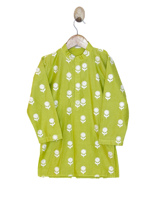 Mul Chanderi Green Embroidered Kurta Set