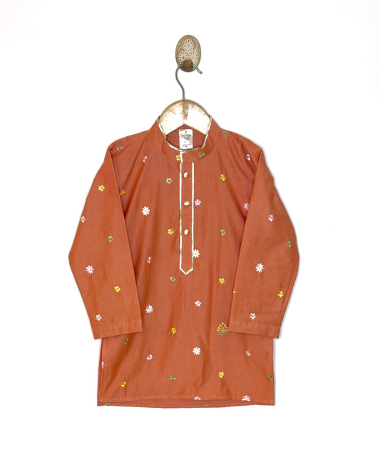 Mul Chanderi Rust Embroidered Kurta Set