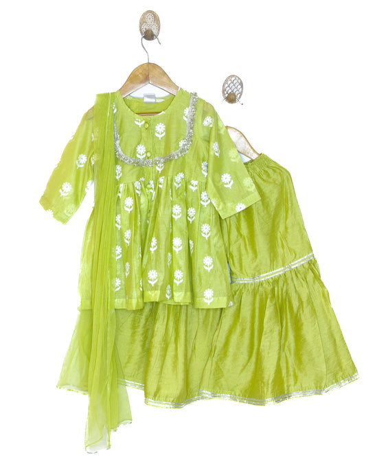Mul Chanderi Green Embroidered Gharara Set