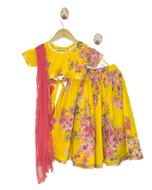 Yellow Floral Cotton Lehenga