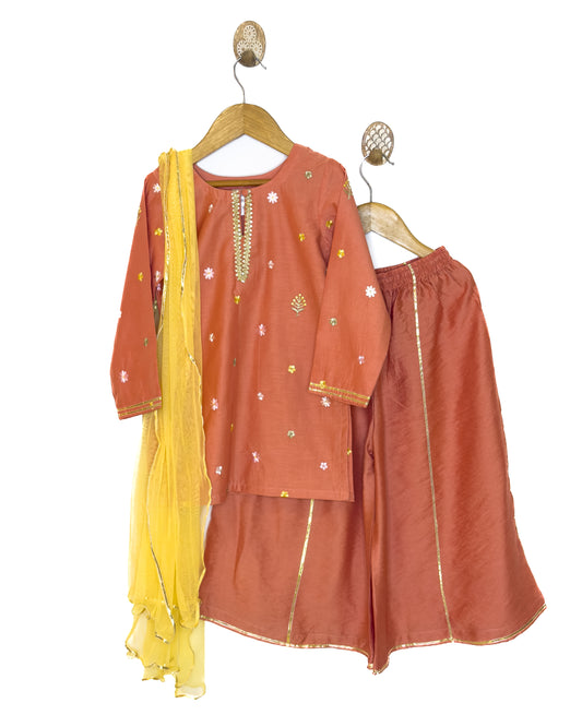 Mul Chanderi Rust Embroidered Plazo Set
