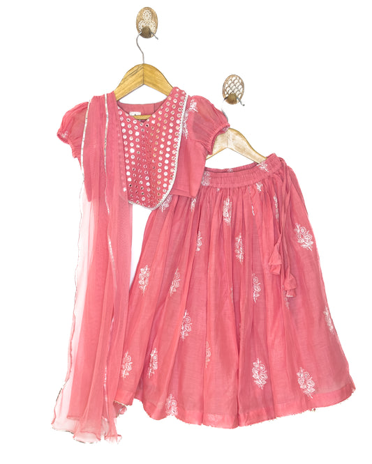 Mul Chanderi Peach Embroidered Lehenga