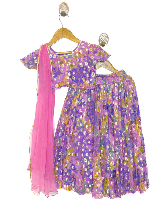 Multicolor Waterpaint Georgette Jacquard Lehenga
