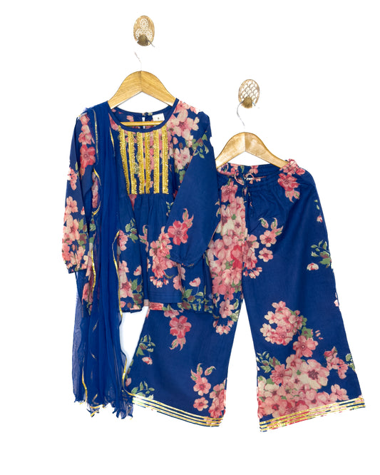 Navy Blue Floral Bellbottom Plazo Kurta Set