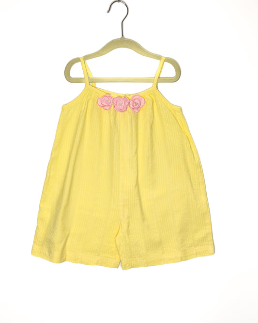 Yellow Seersucker Jumpsuit with Pink Flowers