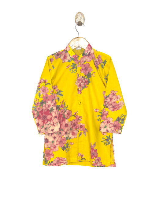 Yellow Floral Cotton Sherwani Style Kurta Set