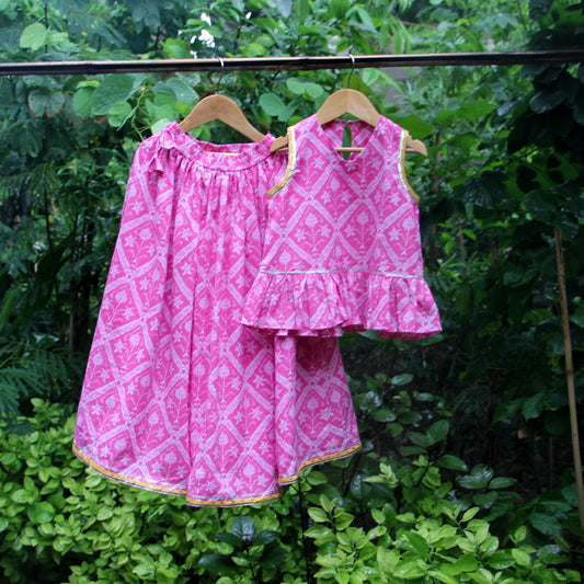 Pink Ikat Print Skirt Set