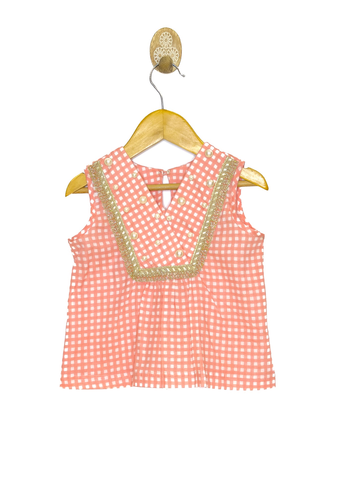 Peach Check Cotton Lehenga Set with Pearl Details