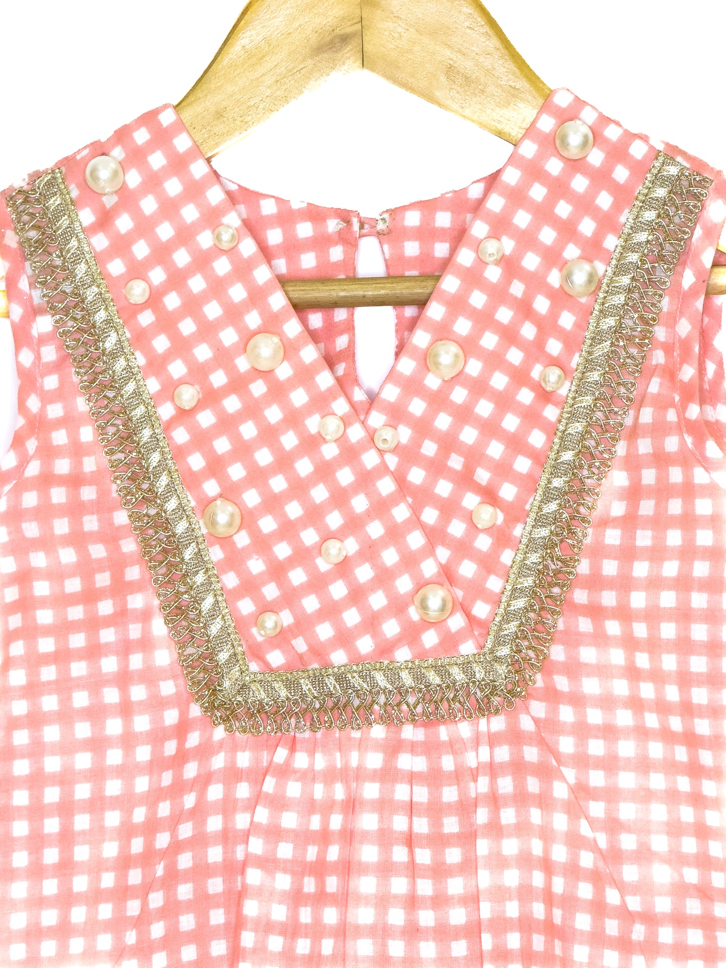 Peach Check Cotton Lehenga Set with Pearl Details