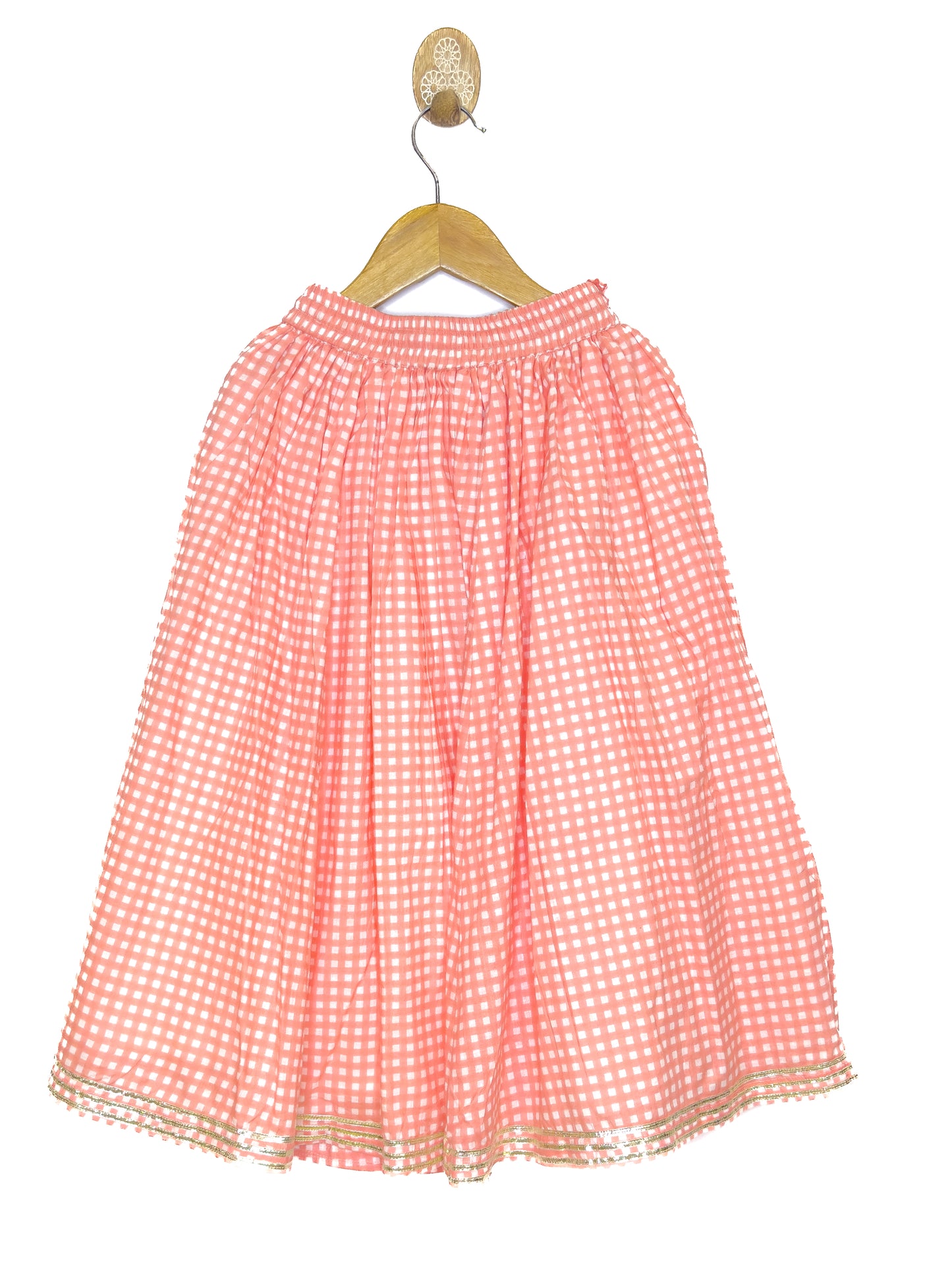 Peach Check Cotton Lehenga Set with Pearl Details
