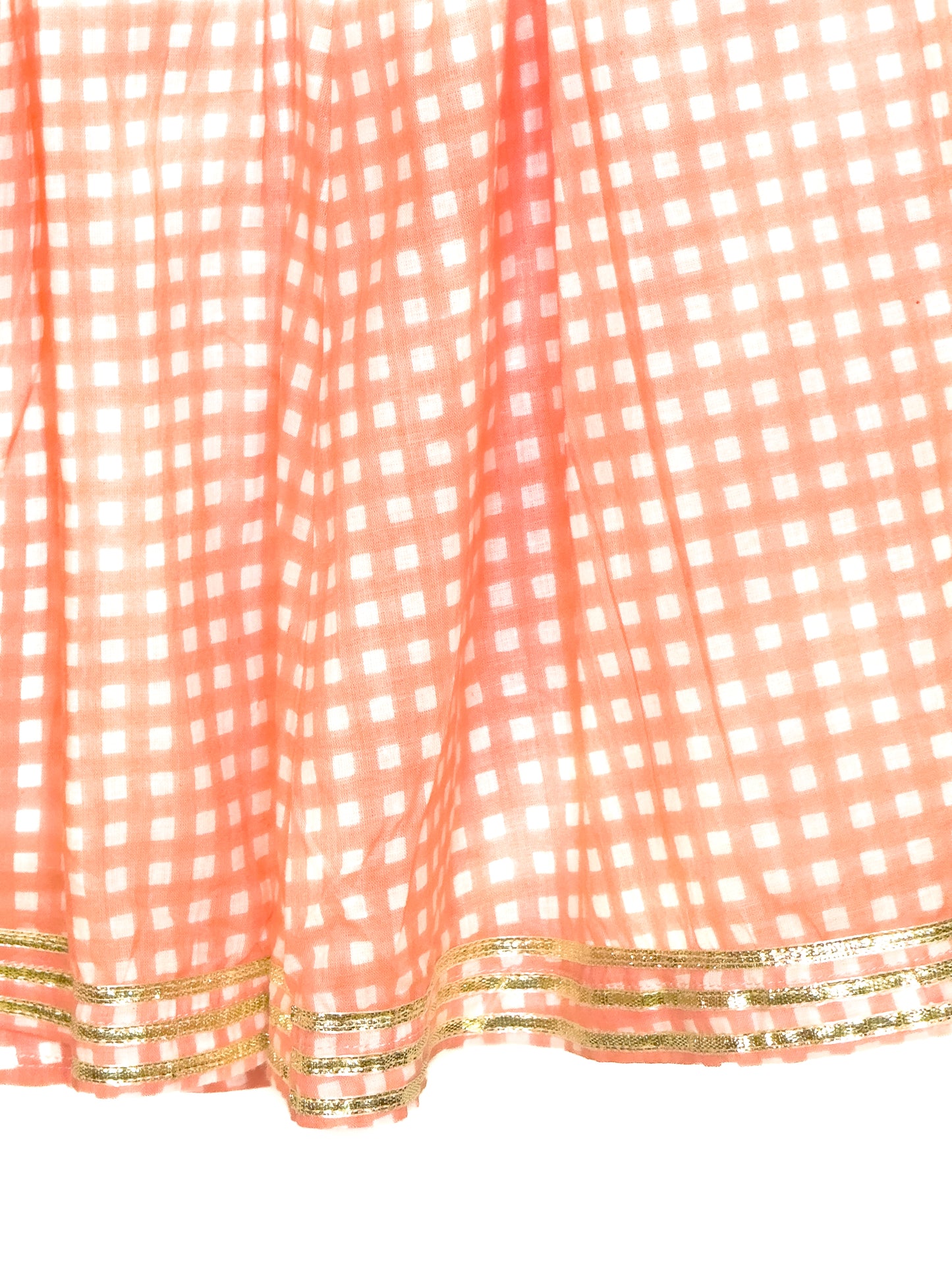 Peach Check Cotton Lehenga Set with Pearl Details