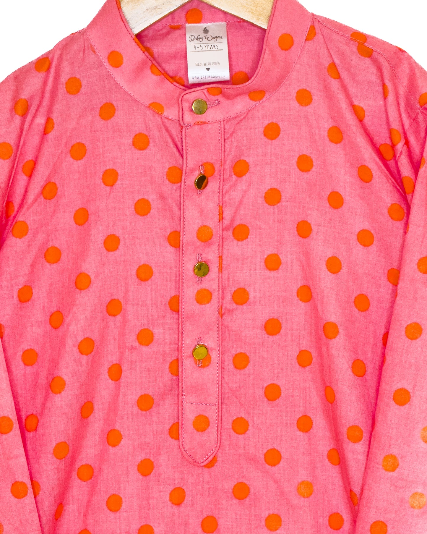 Peach Orange Polka Dot Cotton Kurta Set with White Pyjama