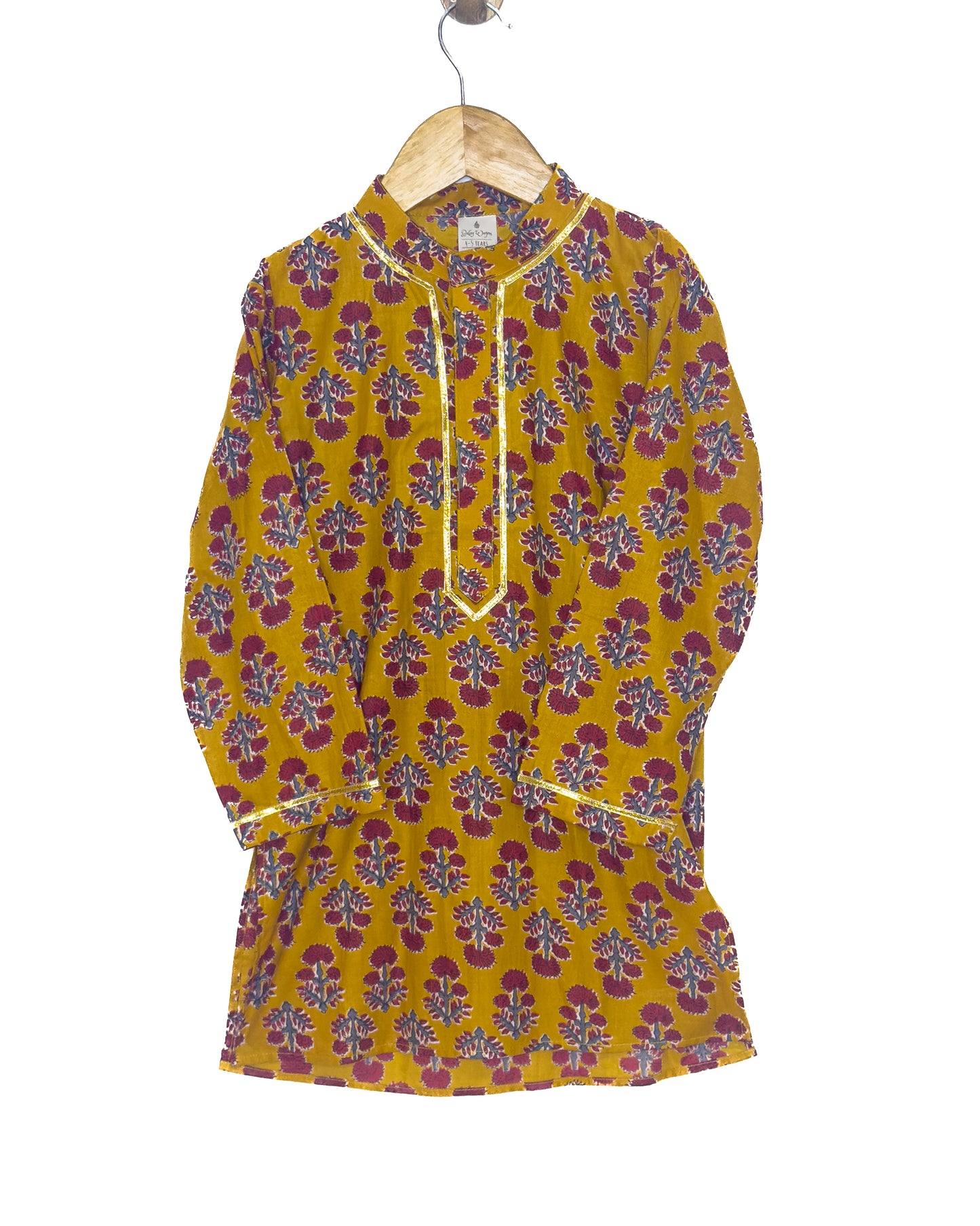 Mustard Red Floral Cotton Kurta Set with White Pyjama