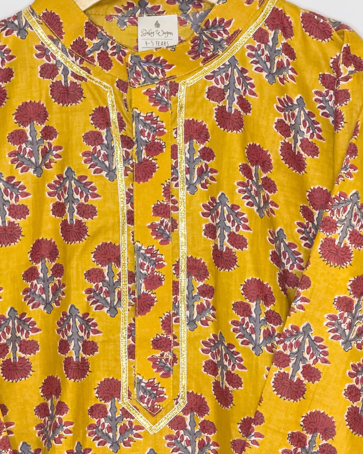 Mustard Red Floral Cotton Kurta Set with White Pyjama