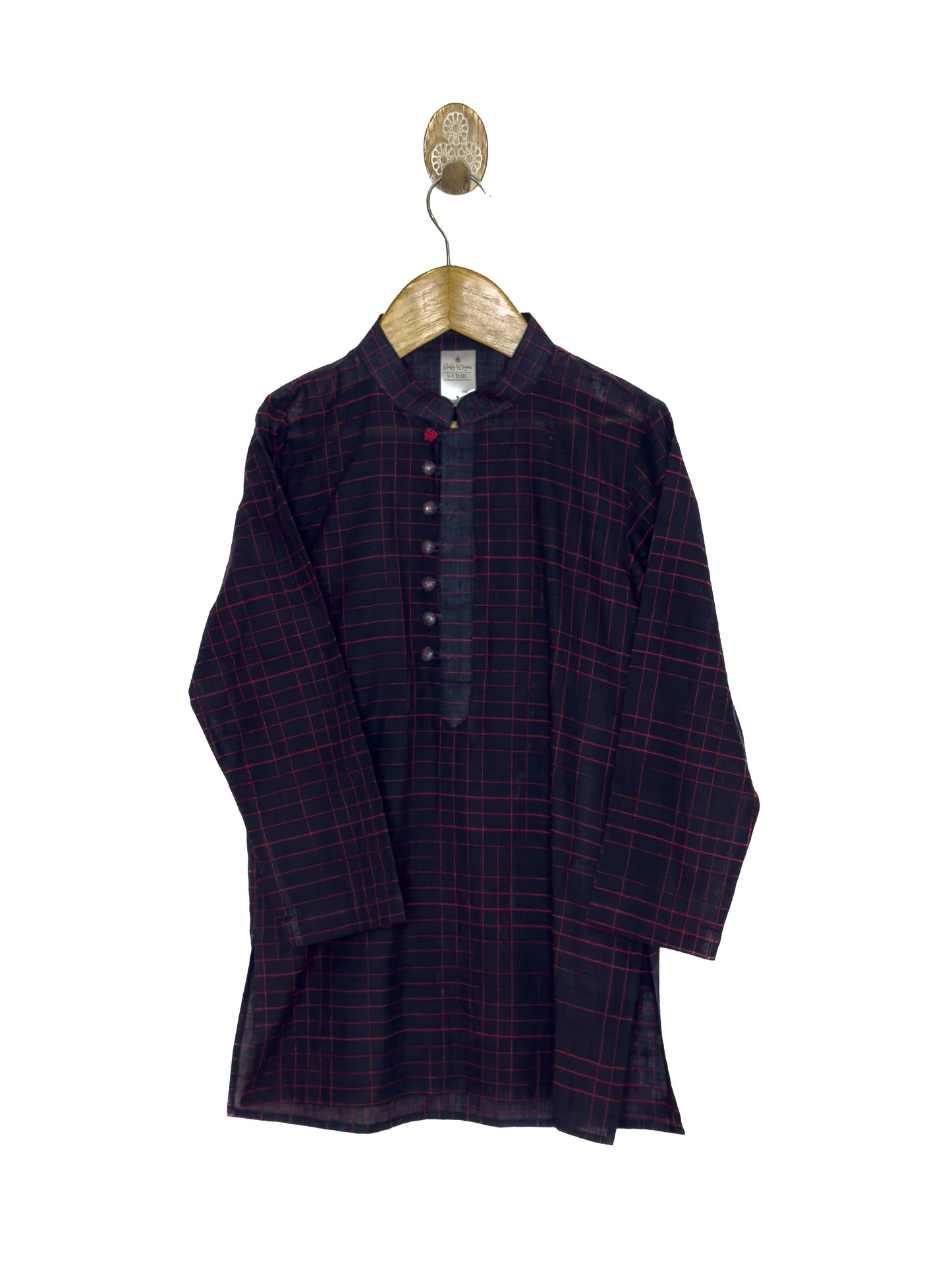 Black Red Check Khadi Kurta Set