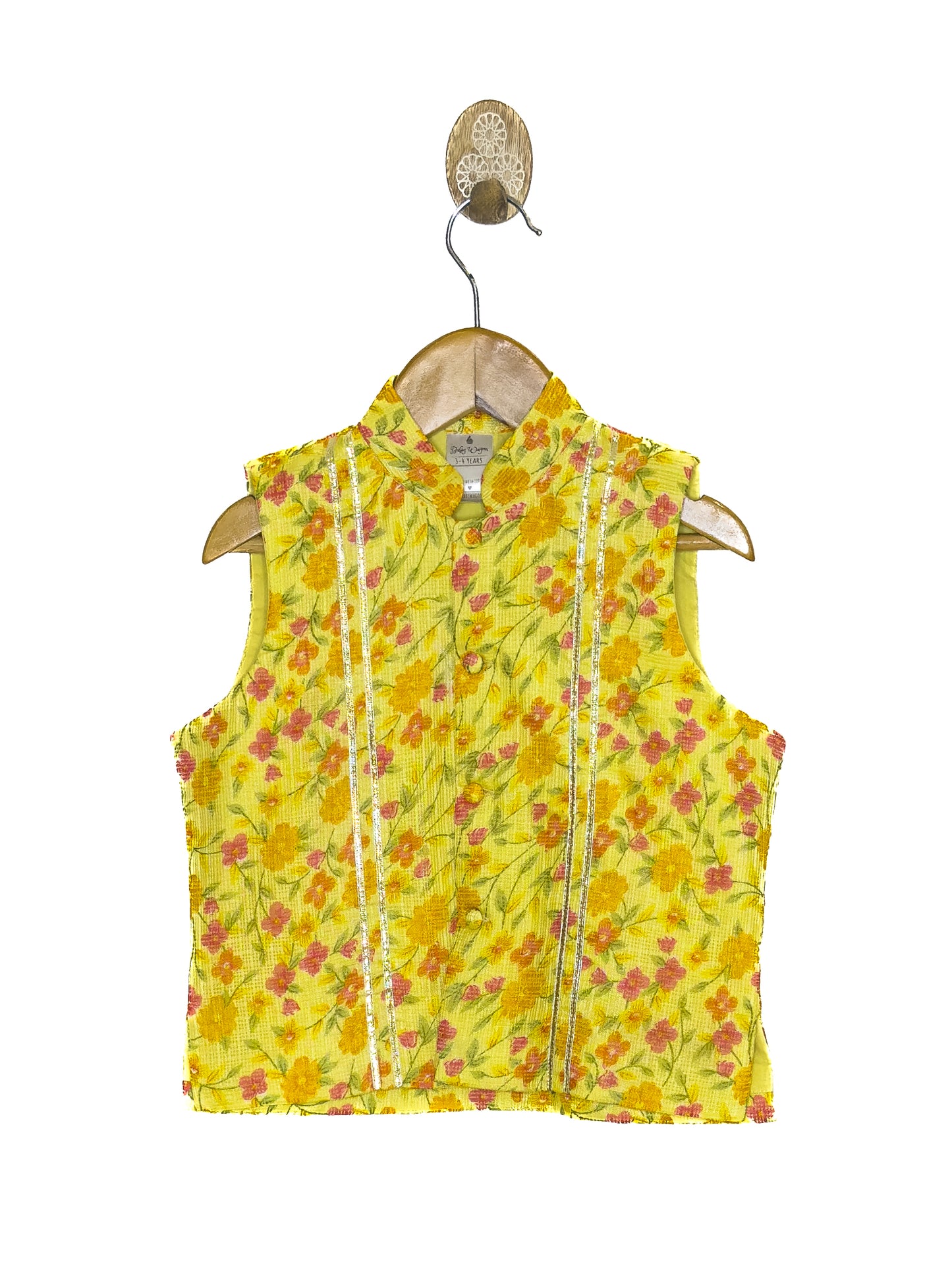 Yellow Floral Kota Doria Jacket Kurta Set