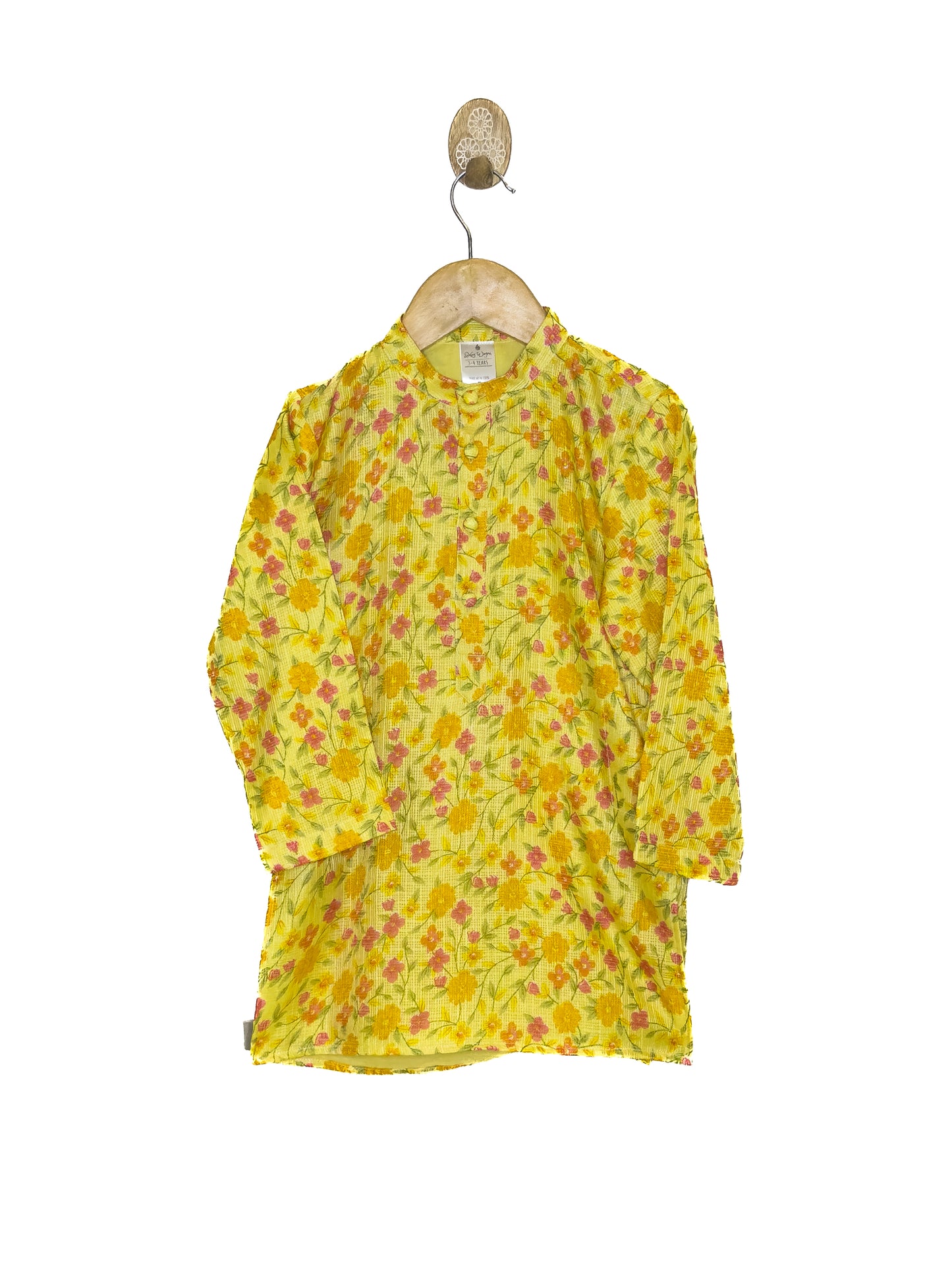 Yellow Floral Kota Doria Jacket Kurta Set