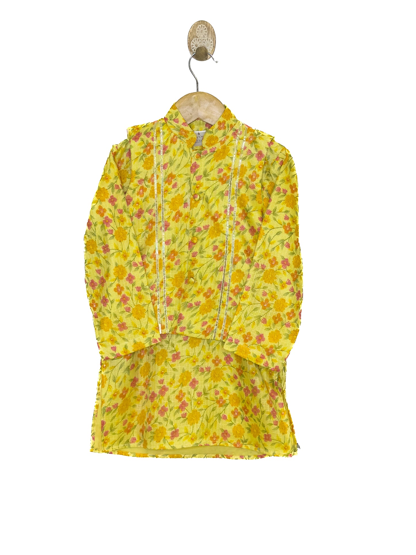 Yellow Floral Kota Doria Jacket Kurta Set