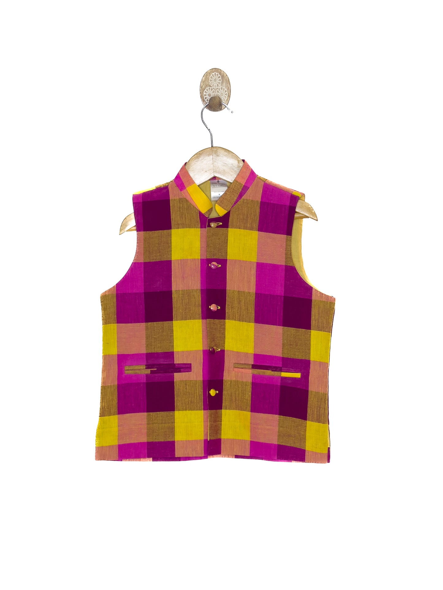 Yellow & Pink Check Khadi Jacket Kurta Set