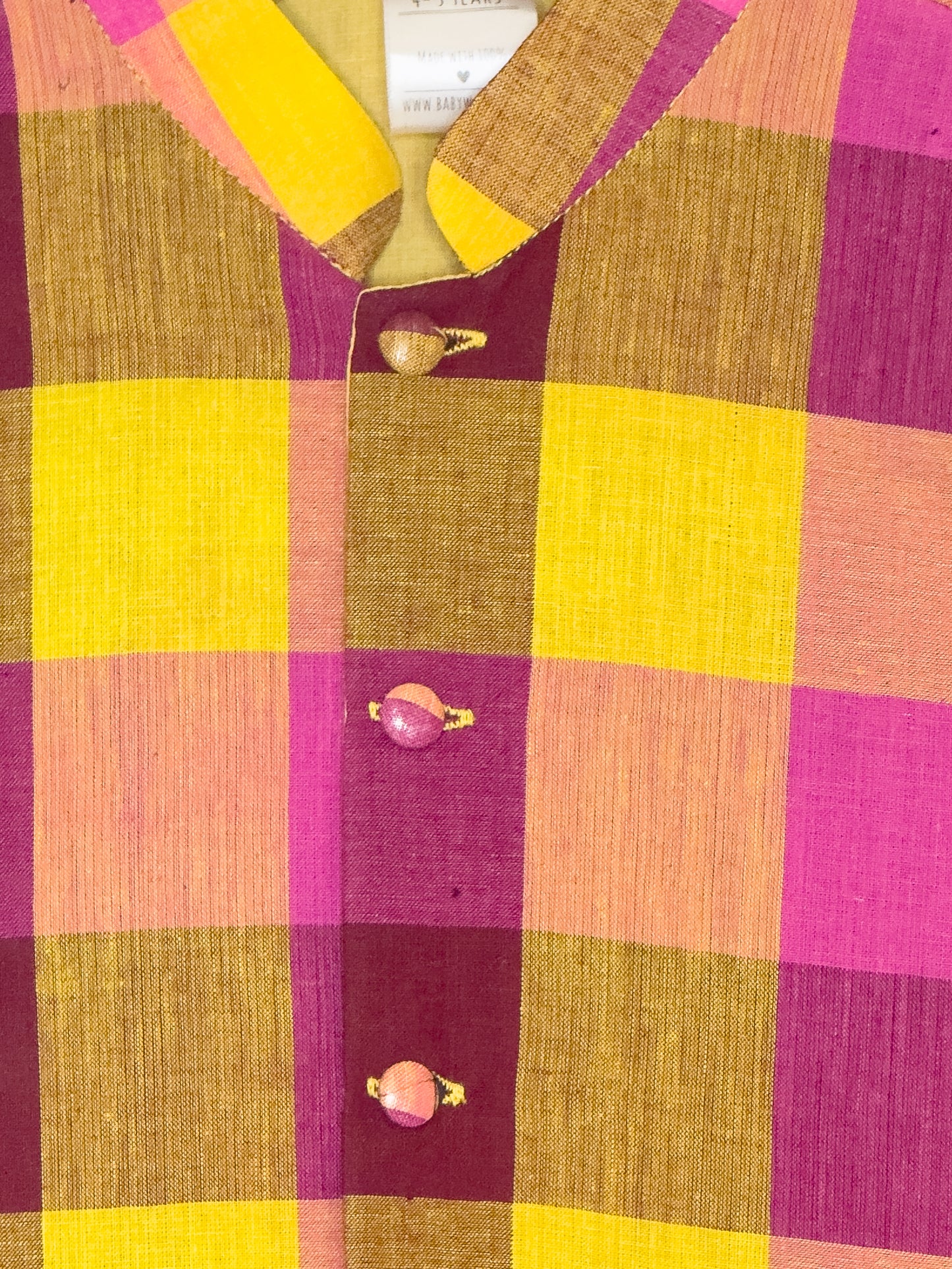 Yellow & Pink Check Khadi Jacket Kurta Set