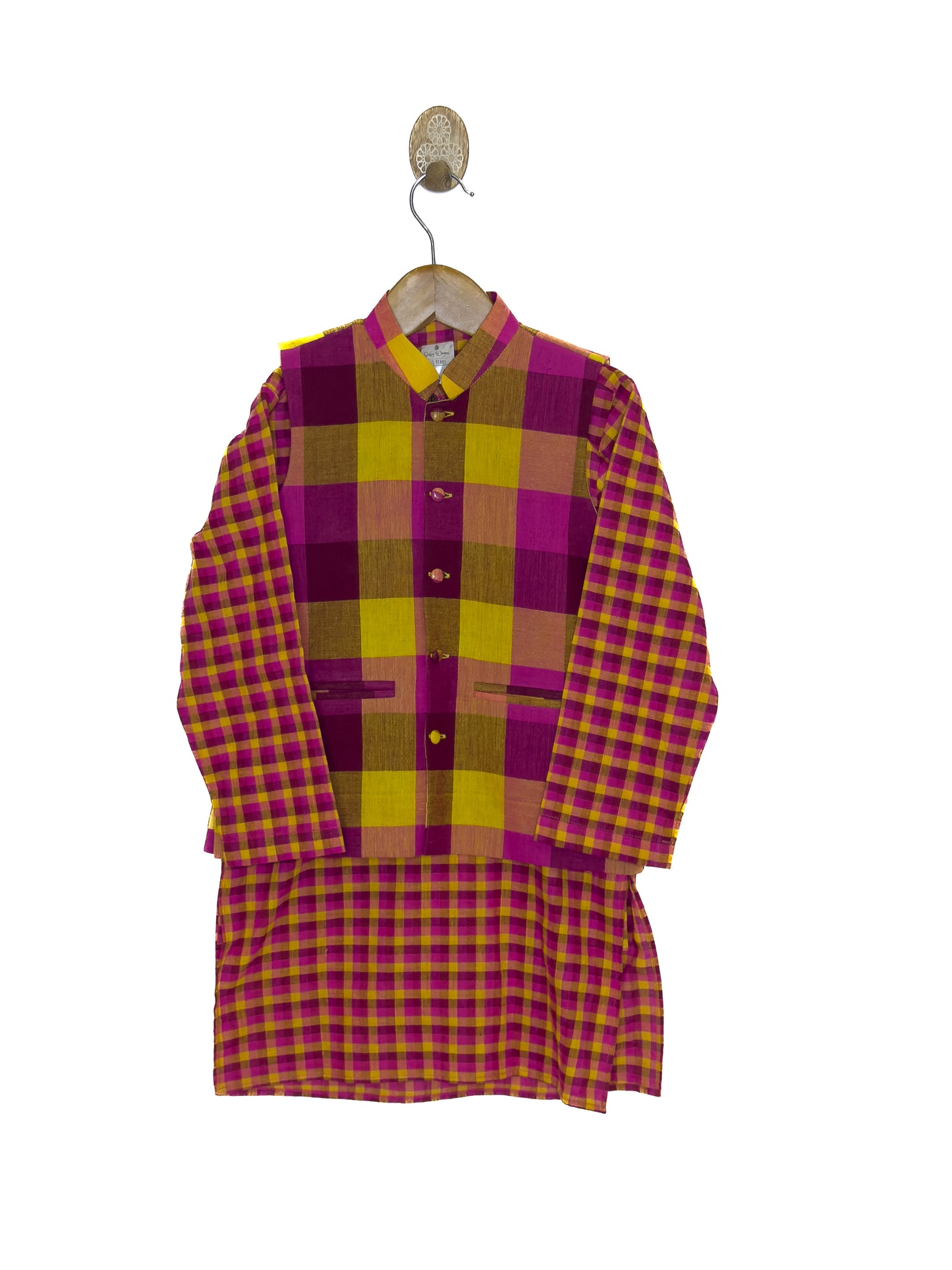 Yellow & Pink Check Khadi Jacket Kurta Set
