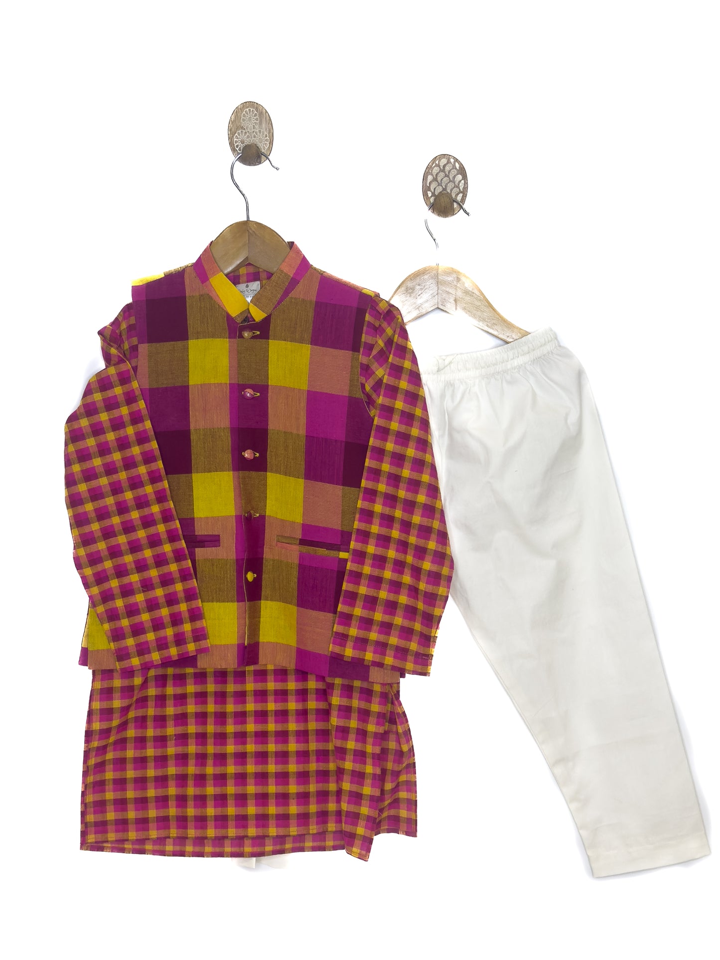 Yellow & Pink Check Khadi Jacket Kurta Set