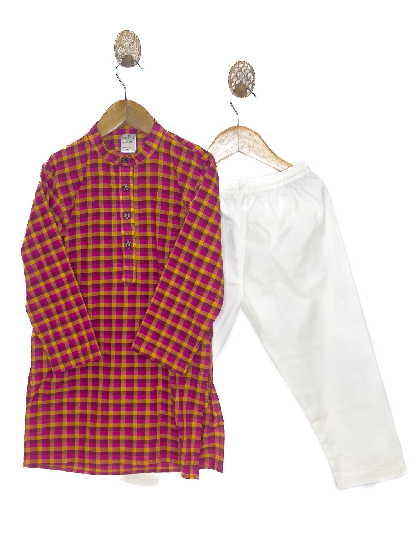 Pink Mustard Check Khadi Kurta Set