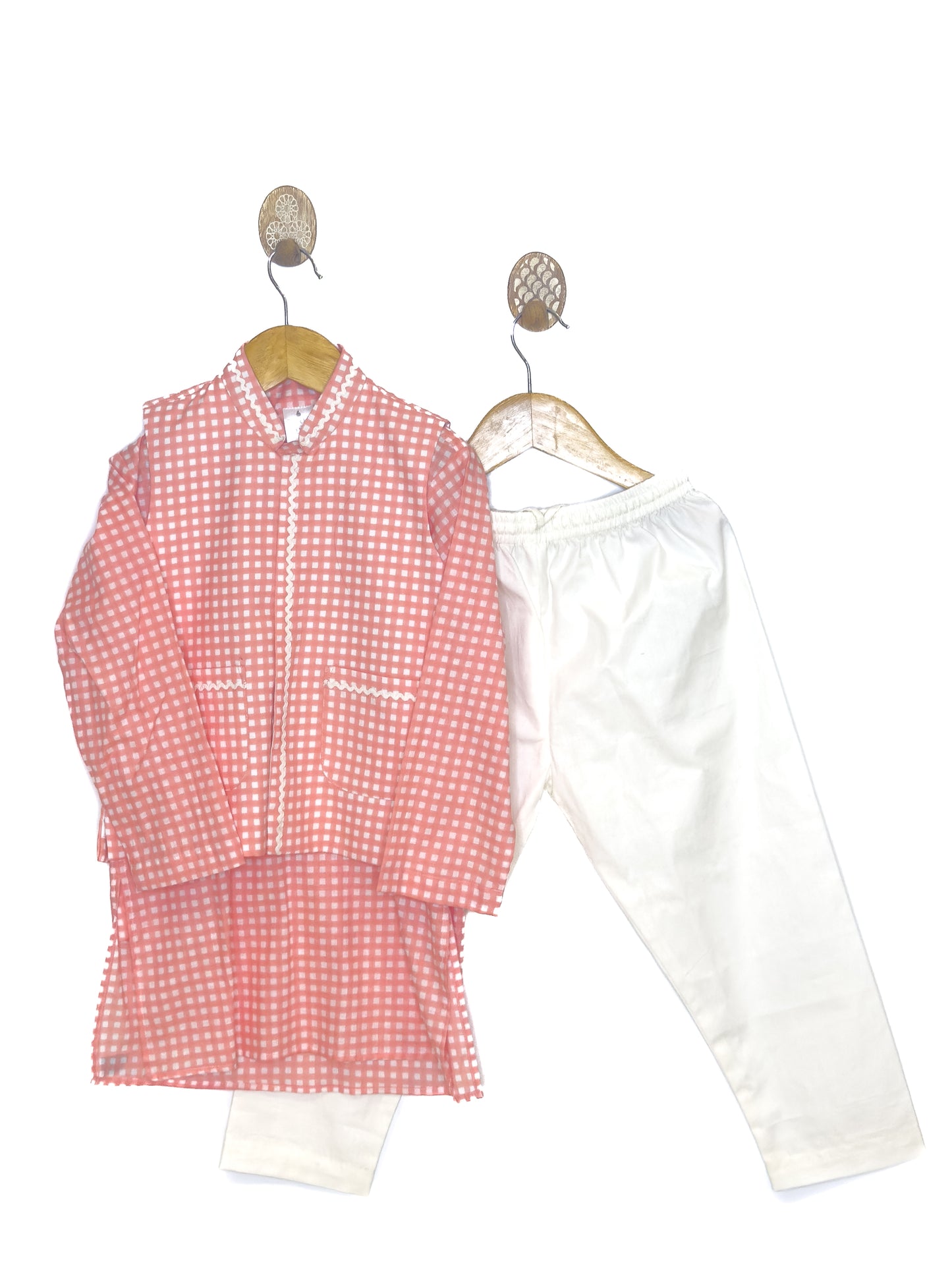 Peach Check Festive Jacket Kurta Set
