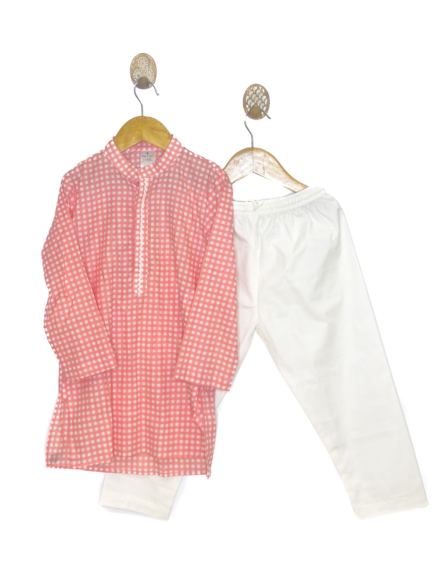 Peach Check Cotton Kurta Set