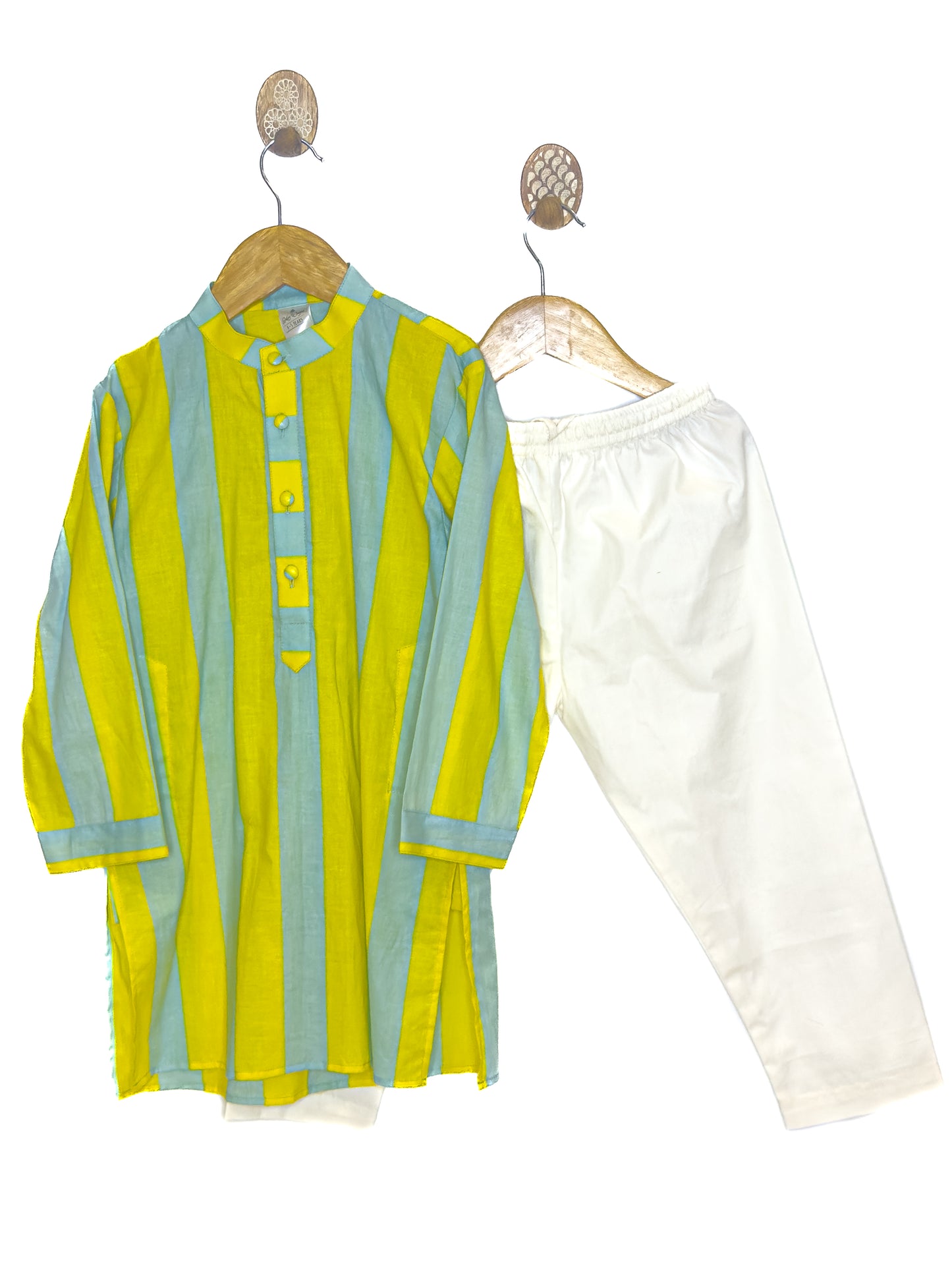 Yellow Blue Stripe Cotton Kurta Set