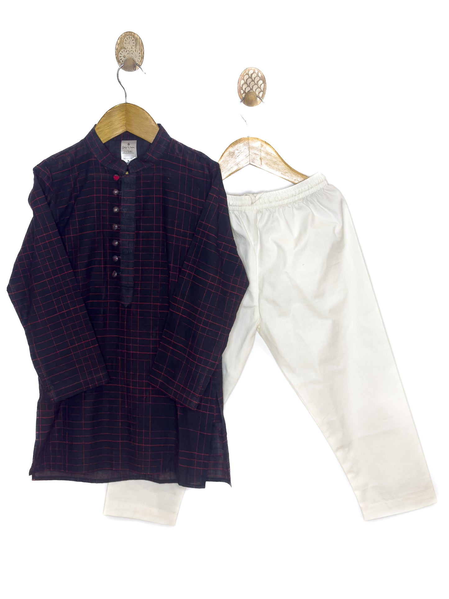 Black Red Check Khadi Kurta Set