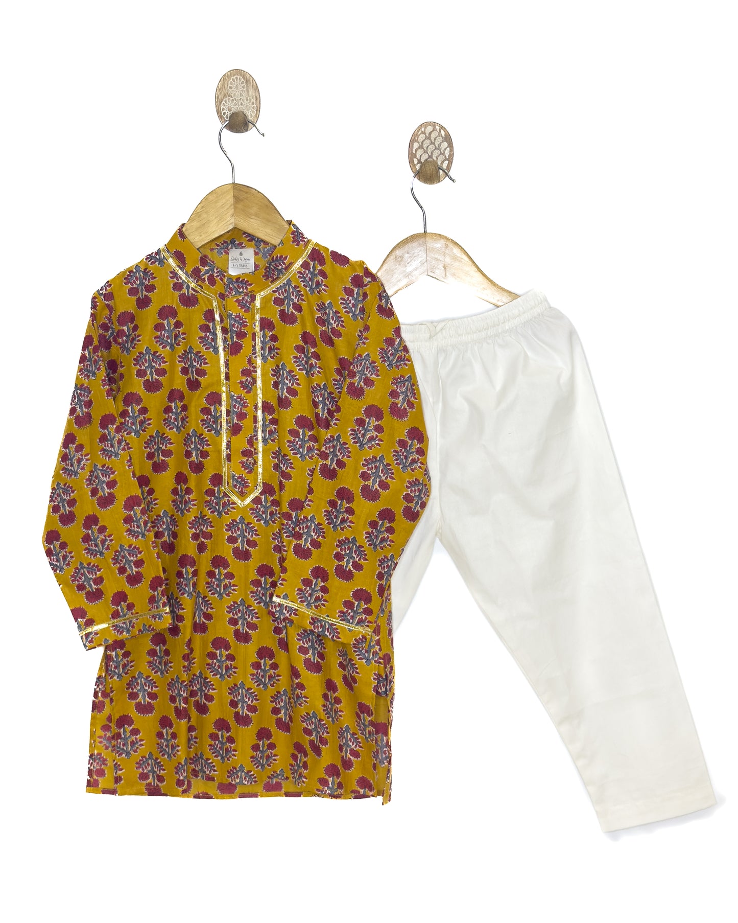 Mustard Red Floral Cotton Kurta Set with White Pyjama