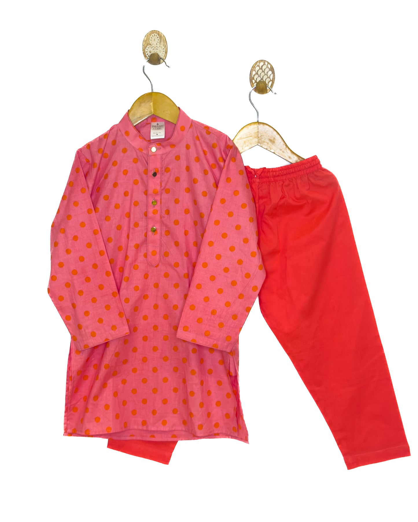 Peach Orange Polka Dot Cotton Kurta Set