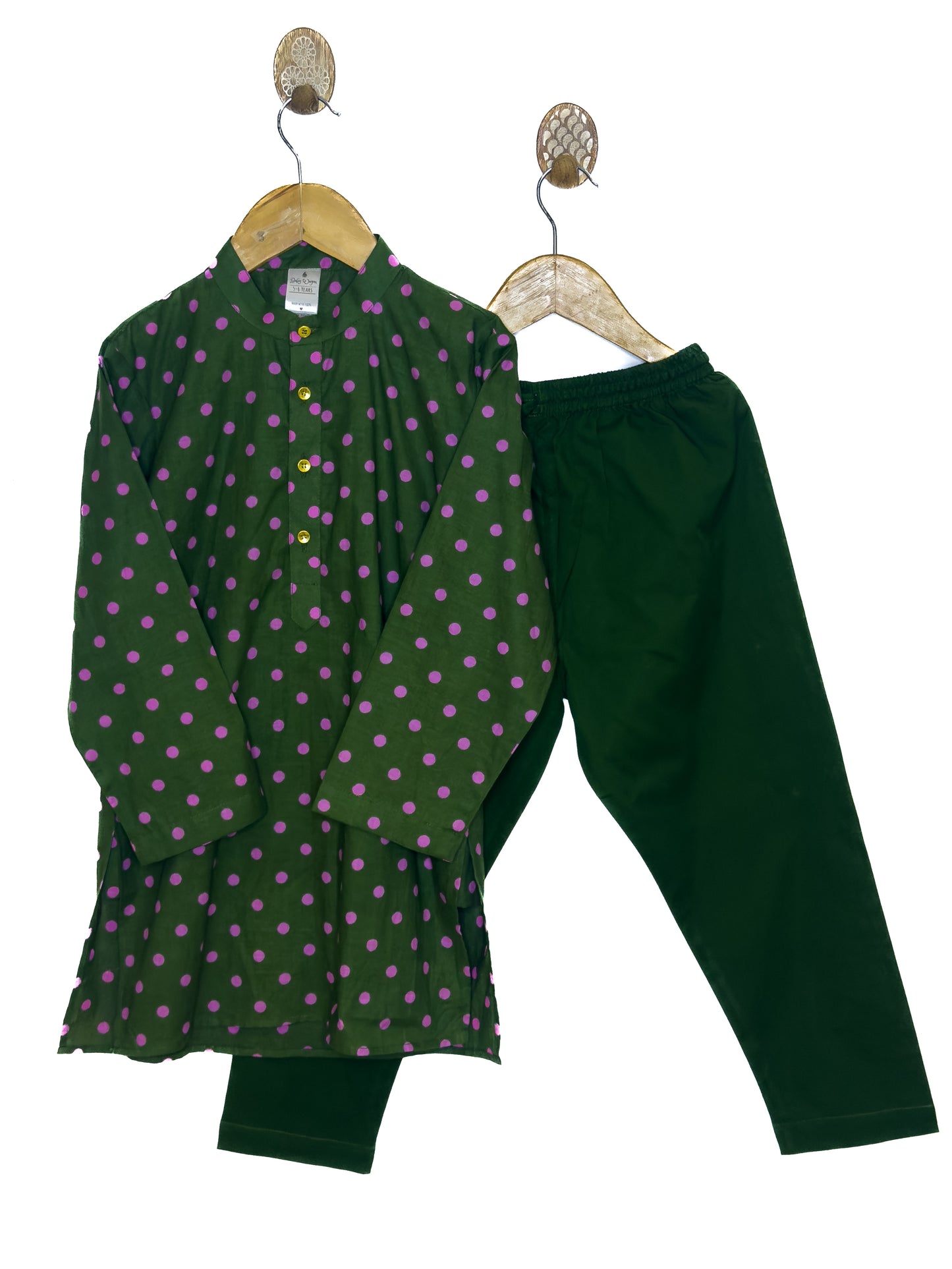 Green Pink Polka Dot Cotton Kurta Pyjama Set
